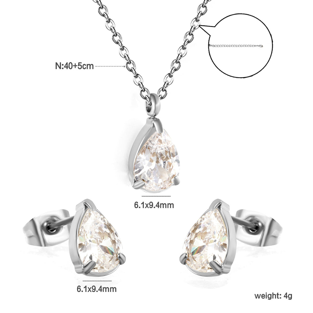 European And American Temperament High-end Sense White Zirconium Earrings Necklace Set